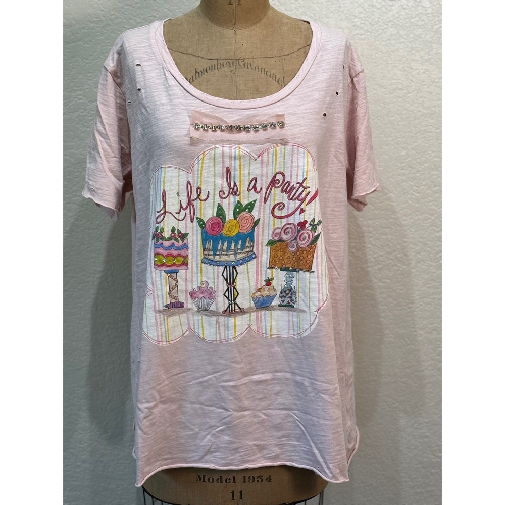 A Rare Bird Women's Pink Distressed Life's A Party Cake‎ Rhinestone Tee S/M NWT